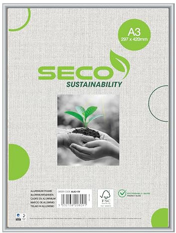 Seco A3-Bilderrahmen aus gebürstetem Aluminium mit Plexiglas-Sicherheitsglas, magnetisch, perfekt für zu Hause/Büro, 18 mm Rahmenkante, silber, ALA3-SV