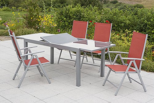 MERXX 5tlg. Amalfi Set, 4 Amalfi Klappsessel, Rückenlehne 5-Fach verstellbar, 1 Ausziehtisch, 120 (180) x 90 cm, Terracotta