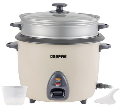 Geepas Rice Cooker & Steamer with Keep Warm Function, 2.2L | 900W, Automatic Cooking, Non-Stick Inner Pot | Easy Cleaning, Make Rice & Steam Healthy Food & Vegetables Includes Measuring Cup & Spatula