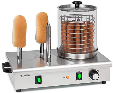 Klarstein Wurstfabrik Pro 600 Hot Dog Maker, 600 Watt, 3 Heizspieße, Temperaturregler 30-100 °C, Glaszylinder: Ø 20 cm, Edelstahlkäfig: Ø 17 cm, Edelstahlgehäuse, Profi Würstchenkocher, silber