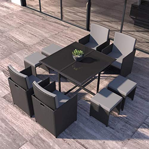 CONCEPT USINE - Salon De Jardin Florida 8 Personnes en Résine Tressée Noir - 1 Table en Verre - 4 Fauteuils - 4 Poufs - Coussins Gris Foncé - Encastrable, Résistant, Imperméable