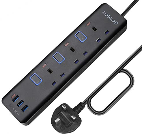 Black Extension Lead with USB Slots(3 USB), 3 Way Plug Extension Socket with Individual Switches, 1.8M Extension Cord, Extension Cable with USB for Home, Office, Study