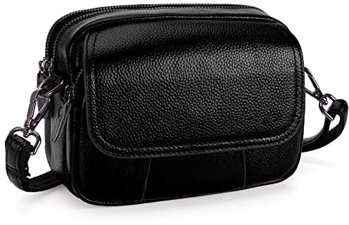 HAWEE Damen Handy Umhängetasche Echtes Leder Crossbody Schultertasche mit 3 Reißverschlüsse Kleine Handytasche zum Umhängen mit Verstellbar Abnehmbar Schultergurt, Schwarz
