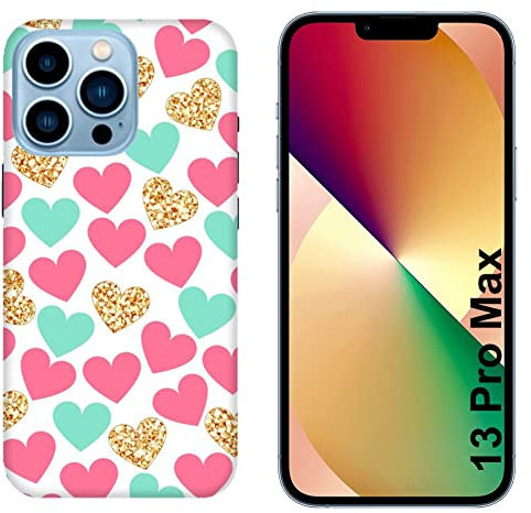 Generico Cover compatibile con Cover Apple iPhone 13 Pro Max Sfondo Cuore Rosa Azzurro Oro Brillantinato Rigido