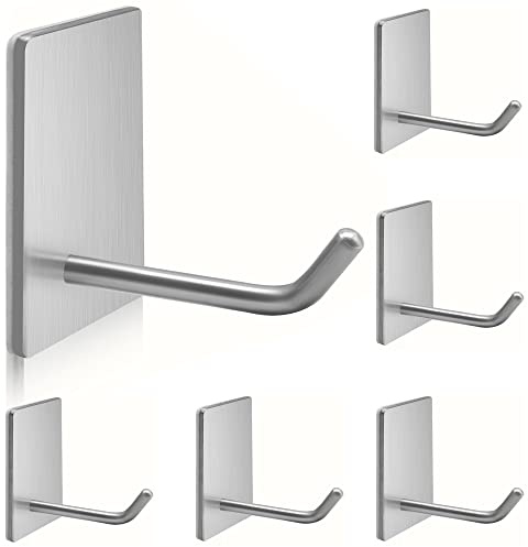TONHTCAT Stick on Hooks for Towels, Waterproof Wall Mount, Silver, 6 Pack | Drill-free sticky wall hooks for kitchen, bathroom & door; hang towel, coat, hat, keys; stainless steel wall mounting
