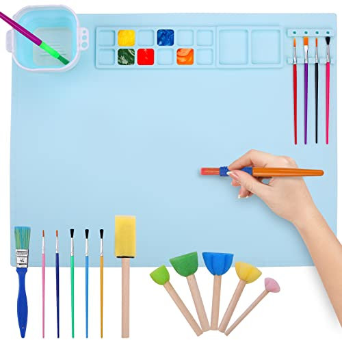 Kqpoinw Bastelmatte Silikon, 40x50cm Antihaft Silikon Malmatte zum Basteln mit Bechern und Pinselset Schwammstempel Faltbares Multifunktional Silicone Painting Mat für DIY Handwerk Kinder Malen(Blau)