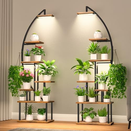 BACEKOLL Grand support pour plantes d'intérieur avec lampe de culture, 7 niveaux en métal pour plantes, grande étagère de présentation, étagère en forme de demi-lune, salon, terrasse, balcon, Lot de 2
