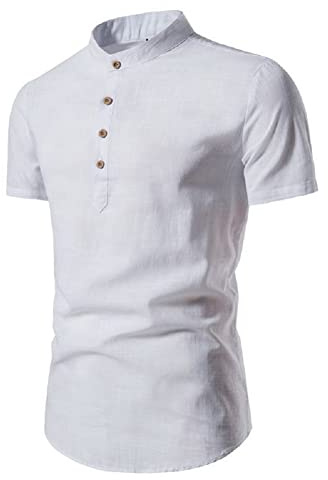 Polo Uomo Manica Corta Lino Vintage Camicia Colletto Coreana Slim Fit Maglietta Collo Alto Maniche Corte Blusa con Bottoni Pullover Tinta Unita Dolcevita Elegante Camicetta Aderente Tunica Top Estate