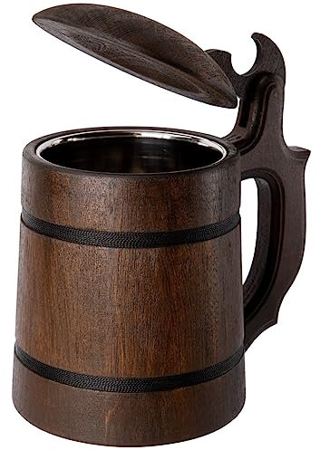 Teslyar Boccale da birra con coperchio in Legno Autentico 0.6 Lt (20 oz) | Fatto a mano | Bicchiere interno in acciaio inossidabile | Regalo da Uomo | Natale Regalo | Idee Regalo
