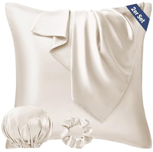 Seiwohl Taie d Oreiller en Satin 60x60 Lot de 2, Similaire aux Taies d'oreillers en Soie 60 x 60 cm Housse de Coussin Protege Silk Pillowcase, Certifiée Oeko-TEX, Beige, avec 1 Chouchou et 1 Bonnet