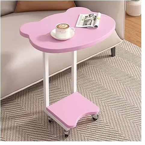 WIGSELBL C-förmiger Sofa-Beistelltisch, schmaler Beistelltisch, Snacktisch mit Rädern, Couch-Beistelltisch zum Unterschieben mit großer Tischplatte, TV-Esstablett Tisch für kleine Räume (Farbe: Rosa)