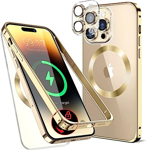 Metall Magnetische Hülle für iPhone 12 Pro Max 6.7 [Sicherheitsschloss] [Original Metallrahmen-Stoßstange] [Eingebaut Kameraschutz ] Durchsichtige Handyhülle, kratzfeste Rückseite, – Gold
