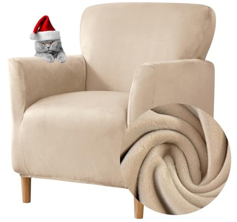 Highdi Elastischer Sesselbezug, Samt, Clubsessel, 1-Sitzer-Sofabezug mit Armlehnen, weich, universell, abnehmbar, waschbar, für Hotel und Wohnzimmer (Khaki)