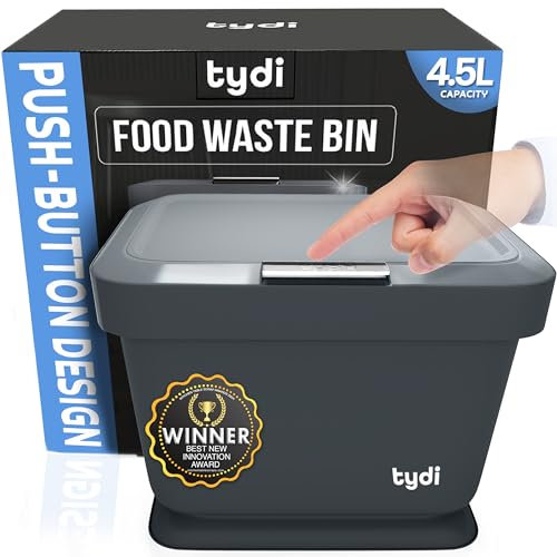 Tydi 4.5L Kitchen Compost Bin (1 Pack) – Food Waste Caddy with Lid – Small Indoor Waste Bin for Countertop or Cupboard – Press Button Design with Anti-Slip Base - Dark Grey