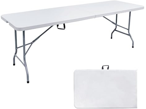 Go-Trio 8 Foot Folding Table 8ft Foldable Portable Plastic Picnic Tables with Handle, Fold in Half Heavy Duty Long Large Utility Table, Indoor Outdoor 8' Fold up Card Tables for Party, Dining, White