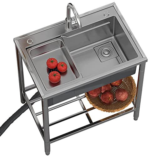 Évier de cuisine, évier de restaurant commercial, évier autoportant en acier inoxydable 304 à une cuve, lave-mains avec tuyau d'eau chaude à 360°C, robinet sous l'étagère pour le garage