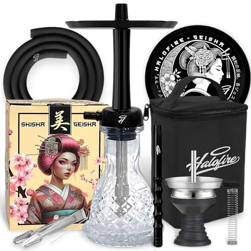 Chicha Halofire Geisha Noire - Base en Verre Sculpté, Foyer en Terre Cuite Noire, Diffuseur Règlable, Mallette de Transport Inclus - Chicha Hookah Professionnelle de 50 cm