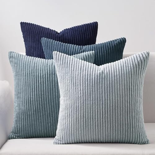 4er Set Kissen-Bezug mit Füllung Blau, Modell Mary, Luxus Kordsamt Sofakissen gestreift Couchkissen Dekokissen Zierkissen Kopfkissen, mit verstecktem Reisverschluss, weich & angenehm