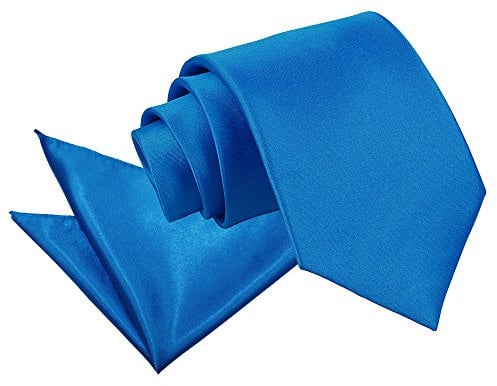 DQT Plain Glossy Satin Polyester Wedding Classic Neck Tie and Pocket Square Set for Men in Electric Blue