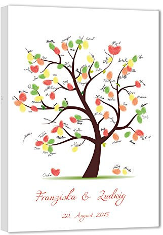 galleryy.net Fingerabdruck Baum Leinwand 60x40 mit NAMEN & DATUM - INKL Zubehör-Set (Stempelkissen+Stift+Anleitung+Hochzeitsbuch+...) - Hochzeitsbaum Fingerabdruck Gäste - Fingerabdruck Leinwand