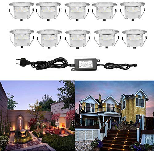 CHNXU 10 Spot LED Eclairage Extérieur Encastrable Sol Terrasse Bois,45mm Spots Encastré Extérieur Fait en IP67 DC12V 1W Avec Alimentation EU Pour Jardin Escalier Patio Blanc Chaud(Noir)