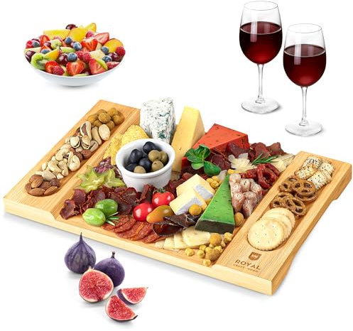 Bandeja de bambú para servir charcutería y vino: bandeja grande de madera natural para galletas, queso y carne, ideal como regalo de inauguración de la casa
