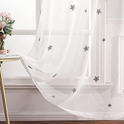 MIULEE Cortina Visillo Bordado Translucido de Dormitorio Infantil Juvenil con Ojales Plateados para Sala de Estar Cuarto de Niño Comedor Habitación Patrón de Estrella 2 Hojas 140x145cm Gris