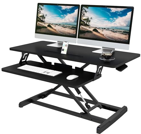 Lubvlook Standing Desk Converter, 36/91.5cm Wide Height Adjustable Sit Stand Desk Riser for Dual Monitors with Keyboard Tray, Black