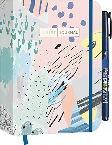 Pocket Bullet Journal Abstract Art mit Original Tombow Brush Pen Fudenosuke in schwarz: Mit Punkteraster, Seiten für Index, Key und Future Log sowie ... Stiftehalter und praktischem Verschlussband