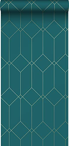 ESTAhome Tapete Art Decó Muster Gold, Grün und Blau - 139224-0,53 x 10,05 m