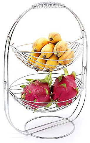 Frutero Acero Inoxidable 2 Niveles, Frutero de 2 Piso Cestas Hierro Cromado, Cesta de Fruta y Verduras Fruteros de Cocina Modernos para Verduras y Frutas Frescas