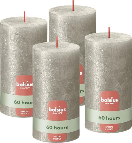 Bolsius Rustik Stumpenkerzen - Shimmer Champagner - Set 4 Stück - Dekorative - Länge Brenndauer 60 Stunden - Unparfümierte - Natürliches Pflanzenwachts - Ohne Palmöl - 13 x 7 cm