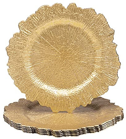 MAONAME Gold Charger Plates, 13'' Round Reef Plate Chargers Dinner Plates, Plastic Charger Plates Table Setting, Wedding Decor