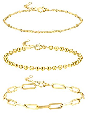 Milacolato Gold Fußkettchen Armbänder Für Frauen Damen 14 Karat Vergoldet Edelstahl FußkettchenTennis Perlen Kubanische Büroklammer Gliederkette Fußkettchen Set Verstellbar Boho Strand Fußschmuck-C