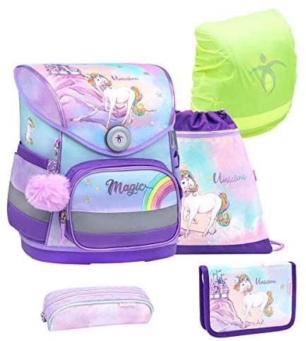 Belmil ergonomischer Schulranzen Set mit Regenschutz 5 -teilig für Kinder 1-4 Klasse Grundschule/Brustgurt/Magnetverschluss (Rainbow Unicorn Magic)