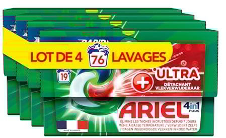 Ariel 4en1 PODS Lessive Liquide En Capsules 76 Lavages (4x19 Tablettes), Technologie Ultra Détachant, Élimine Les Taches Incrustées À Basse Température, Même Après 7 Jours, Fabriqué En France