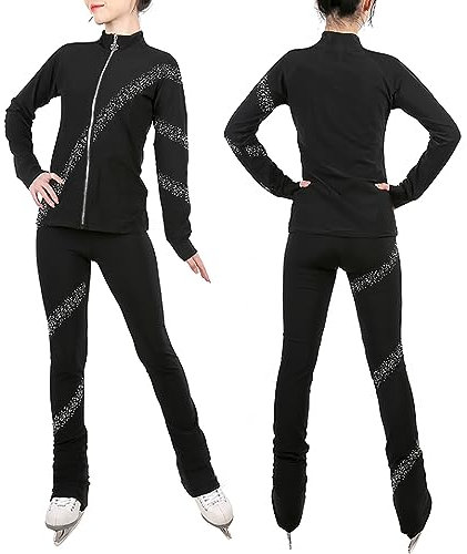 Youthful flying Eiskunstlauf-Trainingsjacken und -hosen für Damen und Mädchen, warme Leggings, Tanzkleidung mit Strasssteinen (Größe: XXL, Farbe: Schwarz)