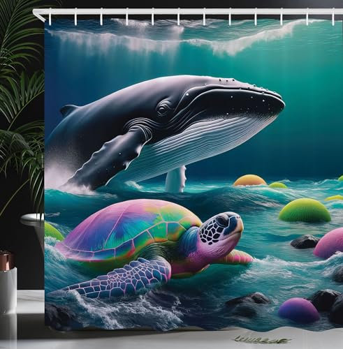 ABAKUHAUS Nautisch Duschvorhang, Abstraktes Unterwasserleben psychedelische Bunte Schildkröte und Steine mit einem Wal, Stoffliches Gewebe mit Haken, 175 x 200 cm, Anthrazitgrau Weiß