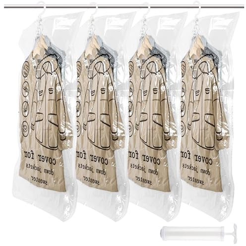 Vakuumbeutel für Kleidung, 4 Stück Hängende Vakuumierbeutel, 135x70cm, Vacuum Bags for Clothing mit Pumpe für Anzüge, für Anzüge, Mäntel, Jacken