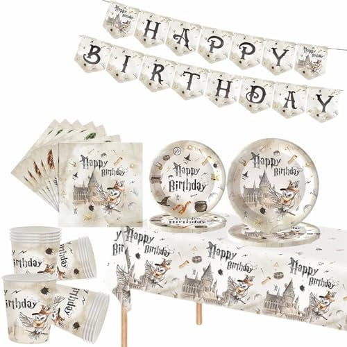 82pcs Sorcerer's Stone Birthday Party Tableware Set,Wizard Partys Dinnerware Magician Party Paper Cups Plates Napkins Tablecloth and HaryPoter Banner for Kids Adult Birthday Wizard PartyDecorate Kit