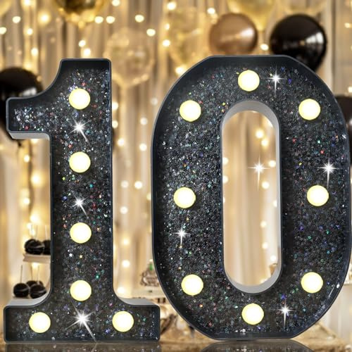 8.8 Decorative LED Light Up Numbers, Glitter Marquee Number Sign for 10th Birthday Party Wedding Backdrop Home Bar Wall Decoration, Black Number 10