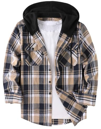 GEEK LIGHTING Men's Plaid Shirt Checked Shirts Mens Flannel Shirt Button Down Long Sleeve with Drawstring Casual Double Chest Pockets Classic Shirt Jacket L Beige Blue