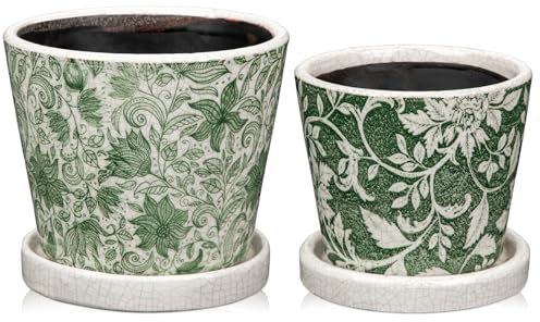 Lot de 2 pots de fleurs verts en céramique avec trou de drainage et soucoupes – Pots de fleurs ronds rustiques en terre cuite de 14,5 à 12 cm pour plantes d'intérieur