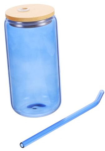 FUNOMOCYA Vaso De Cristal Con Tapa 500 Ml Vaso De Vidrio Con Forma De Lata Azul Transparente Reutilizable Para Hogar y Cafetería
