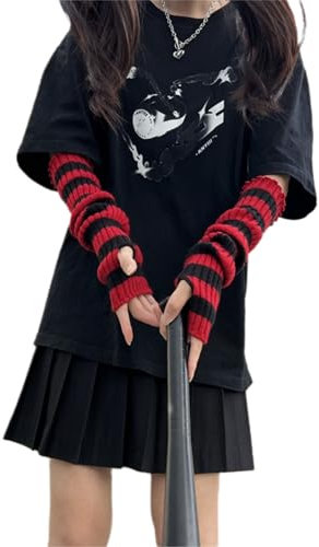 Pangogogo Gestreifte Armstulpen Damen, Punk Gothic Rock Handstulpen Damen, Y2K Lange Fingerlose