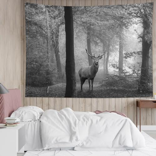 Wandteppich Hirsch Schwarz Und Weiß Nebeliger Baum Mit Hirsch Wandtuch Weiches Wand Dekoration Waschbar Wandbehang Für Schlafzimmer Wohnzimmer Wohnheim 130x152cm