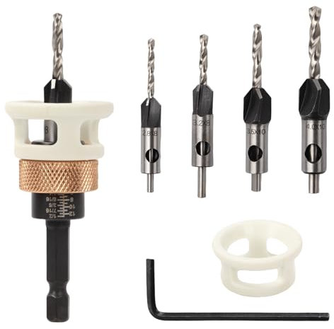 Set di 4 Punte da Trapano per Smusso 1/4 Regolabili, Svasatore Vite Strumento di Smusso con Chiave Esagonale, Punte da Trapano per Svasatore per Legno, Plastica,2.8mm, 3.2mm, 3.5mm, 4.0mm