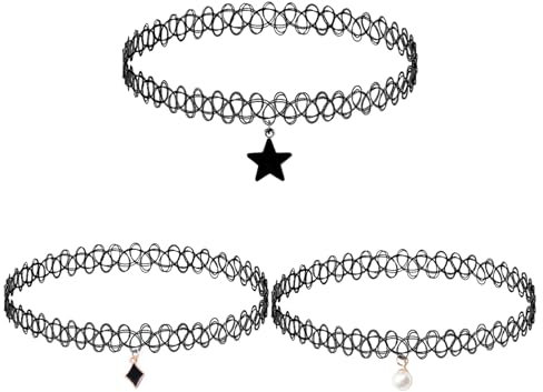 3 Stück Stretchhalsbänder Schwarz,Tattoo Kette 90s,Henna Tattoo Halskette,Hohlgewebe Tattoo Halskette,für Mädchen Frauen Teen Geschenk(Schwarz)