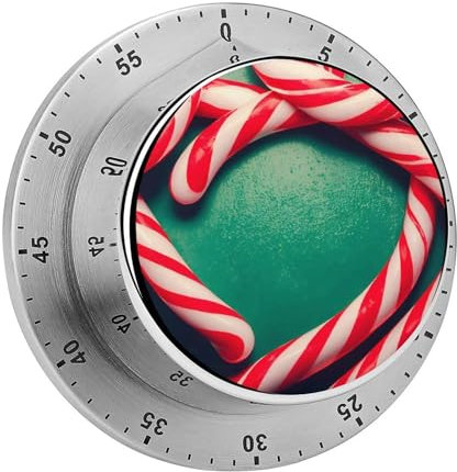 Mechanical Stainless Steel Cooking Timer Candy Cane Print 60 Minute Kitchen Timer Countdown Reminder Magnetic Loud Alarm (1pack)