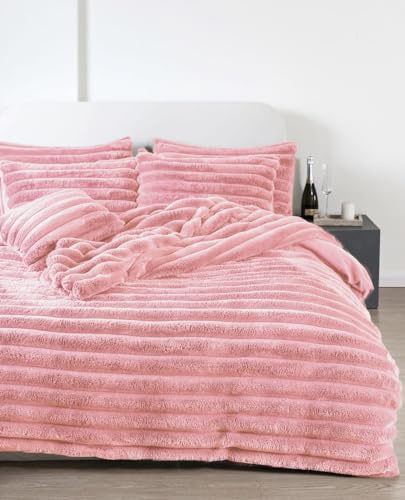 Artistic Fashionista Limited Luxurious Chunky Ribbed Cord Teddy Bear Duvet Cover Sets Super Soft Fluffy Cuddly Faux Fur Thermal Sherpa Fleece Quilt Cover Pillowcases Bedding Set (Blush Pink, King)